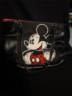 Disney Mickey Mouse black tote with red sequined pants and beaded buttons